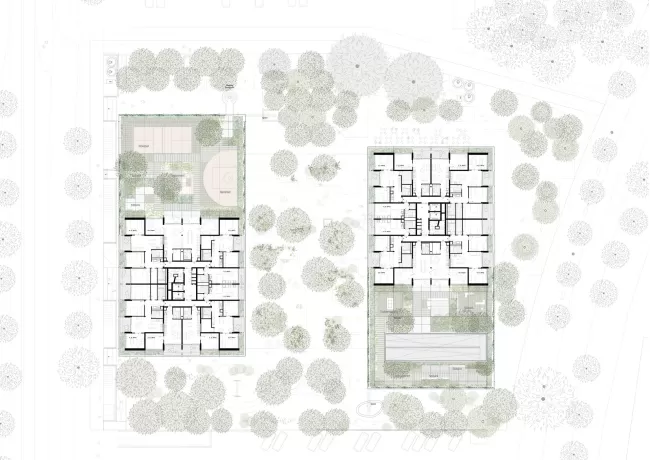 plan; the arrangement of the buildings creates continuity between surrounding open spaces and internal gardens, allowing the landscape to extend throughout the site. At its centre, the &ldquo;Stadtparkett&rdquo; forms the project's primary public realm, from which a sequence of interconnected spaces unfolds.