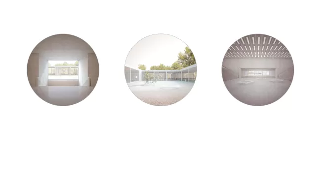 v.l.n.r.: Sicht von der Haupterschliessung zum B&uuml;ro Patio, B&uuml;ro Patio, Sicht Foyer zum Auditorium